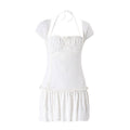 Summer French Low Cut Square Collar Halter Lace Up Design Short Sleeve Pleated Dress Women