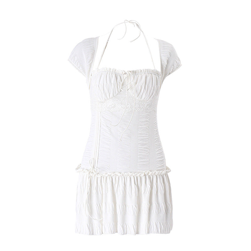 Summer French Low Cut Square Collar Halter Lace Up Design Short Sleeve Pleated Dress Women