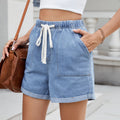 Summer Washed Curling Elastic Waistband Lace up Denim Shorts Women