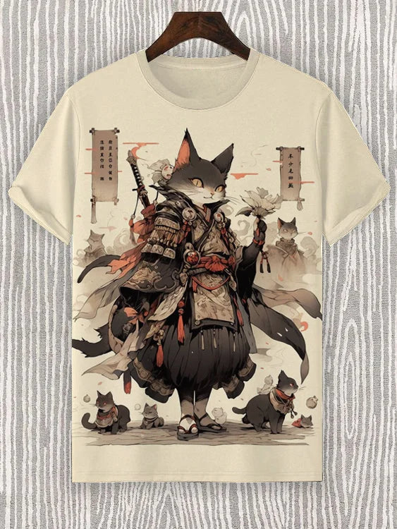 Samurai Cat Graphic T-Shirt – Japanese Style 3D Print Men's Tee