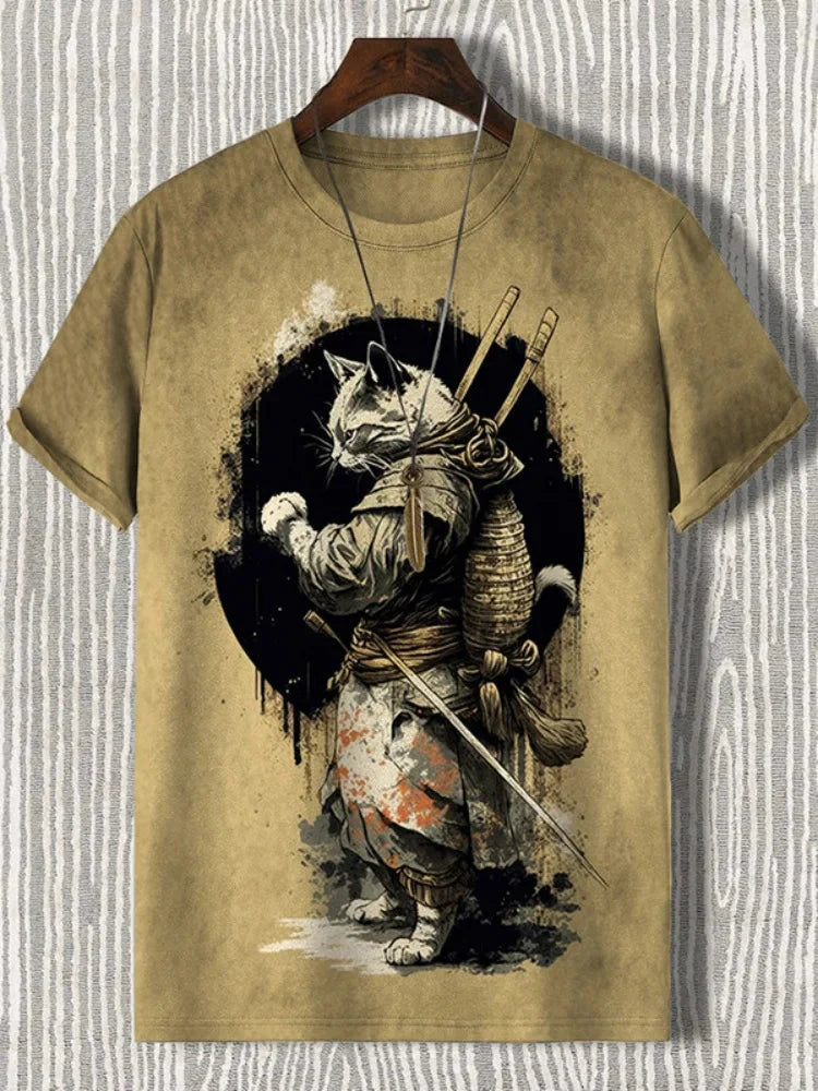 Samurai Cat Graphic T-Shirt – Japanese Style 3D Print Men's Tee