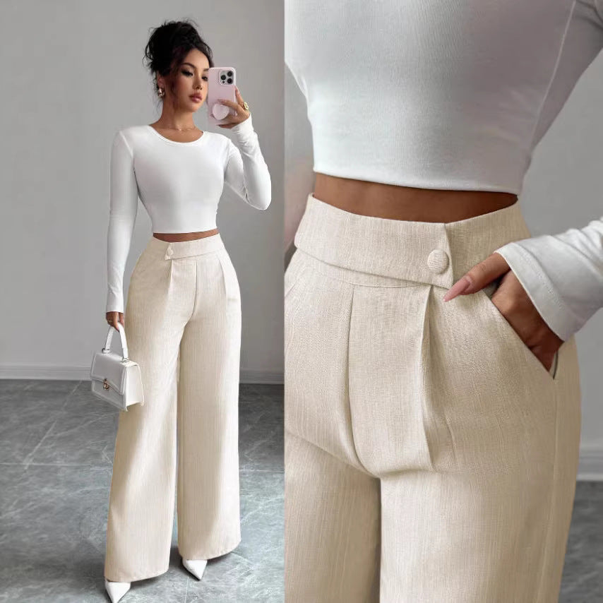 Women's High-Waist Straight-Leg Pants – Solid Color Button Detail Full Length