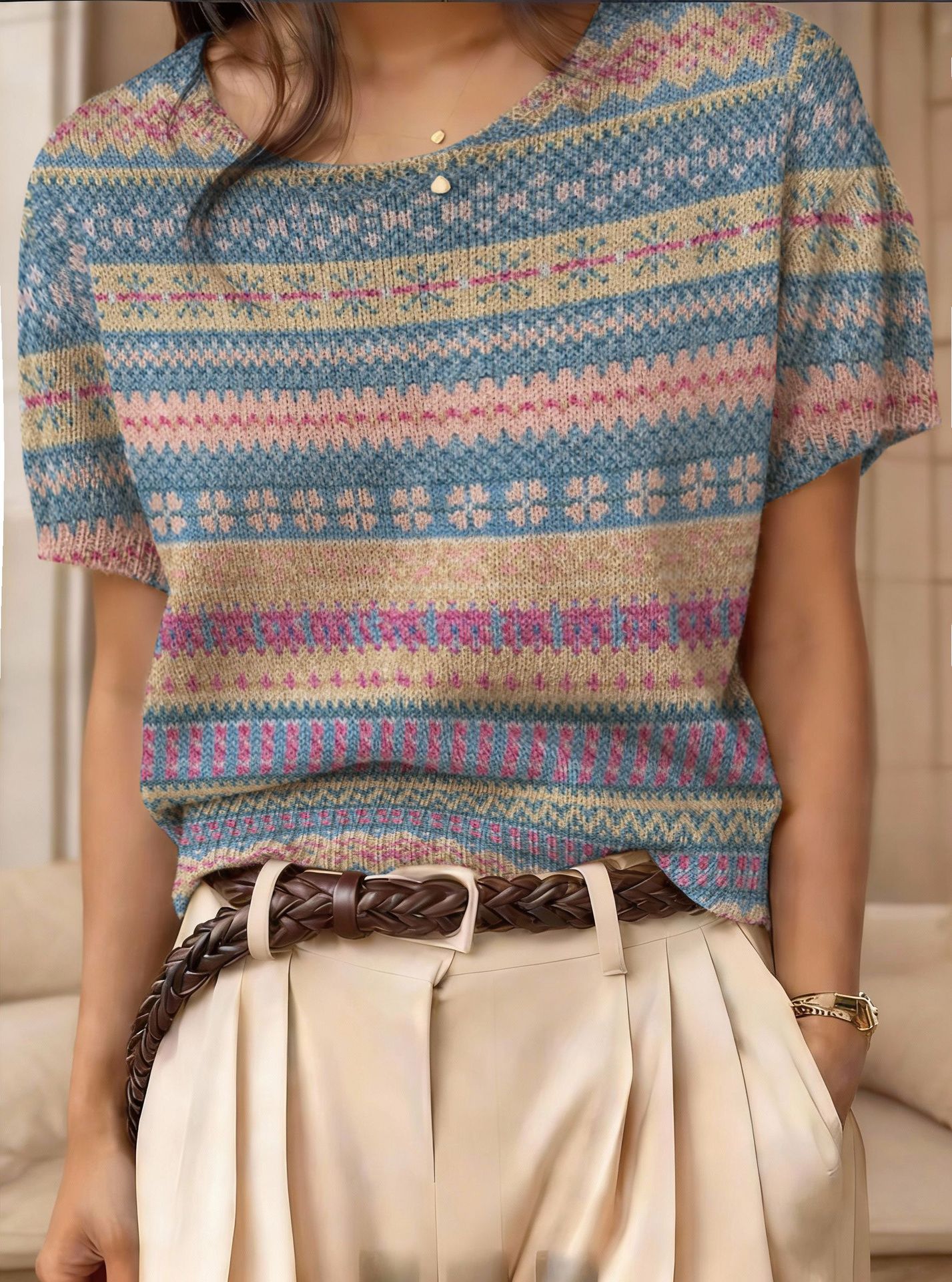 Women's Retro Short-Sleeve Jacquard Knit Top