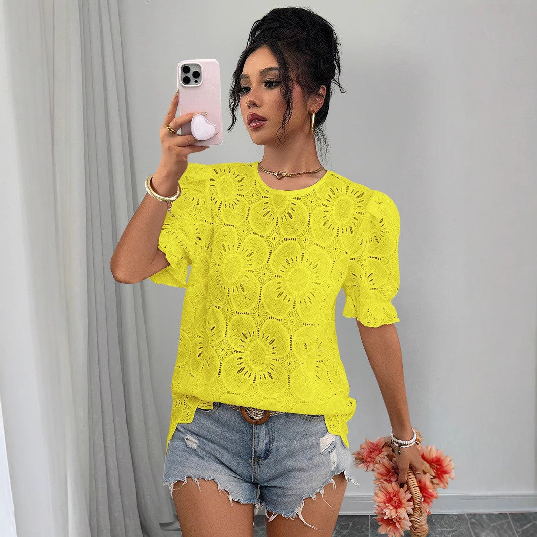 Women's Hollow-Out Lace Puff-Sleeve Shirt Top – Loose Fit