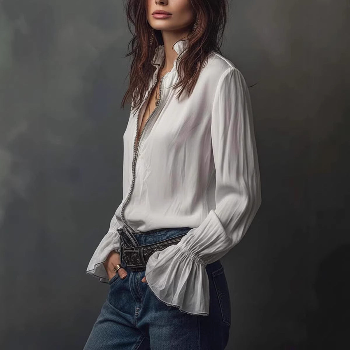 Women's Ruffled Sleeve Resort Shirt – Stretch Casual Long Blouse