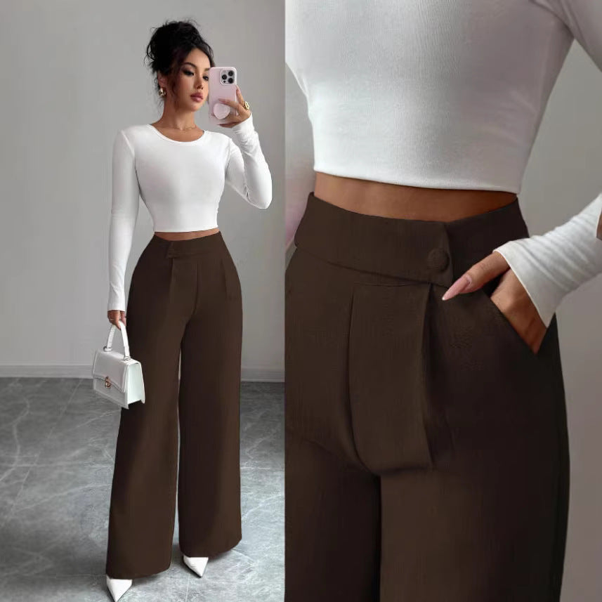 Women's High-Waist Straight-Leg Pants – Solid Color Button Detail Full Length
