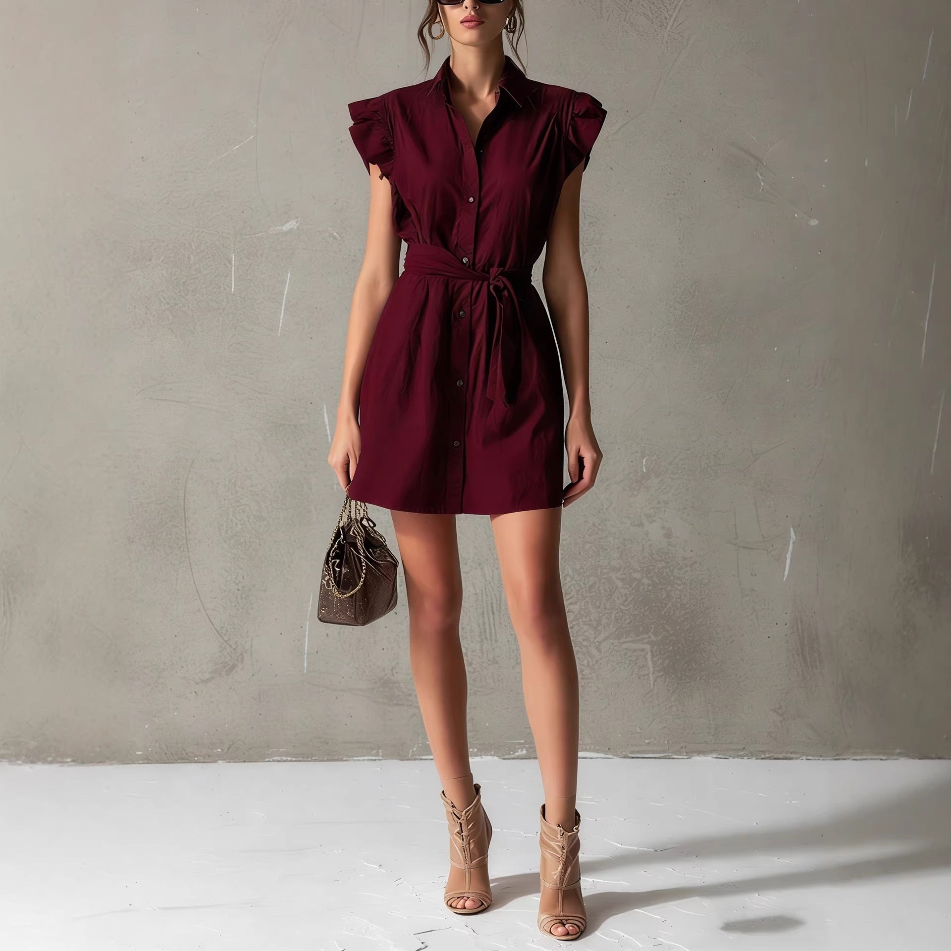 Women's Drop-Shoulder Polo Neck Lace-Up Mini Dress – Slim Fit