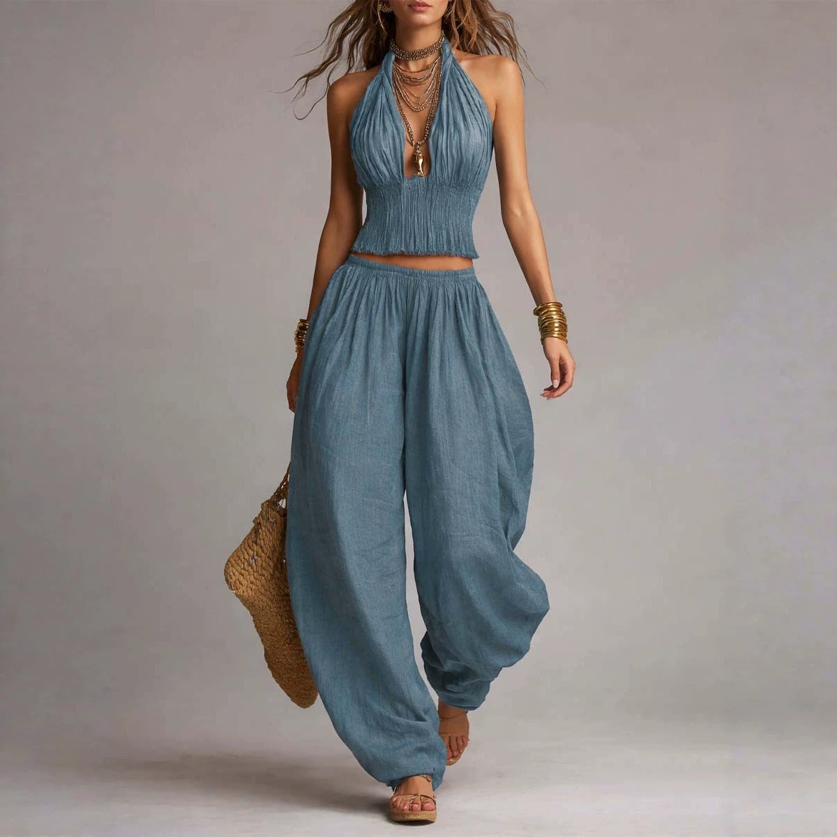 Women's Sleeveless Backless Halter Top & Wide-Leg Pants Set