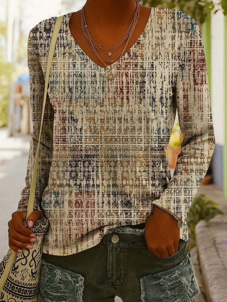 Women's Ethnic Print V-Neck Long-Sleeve Pullover Top