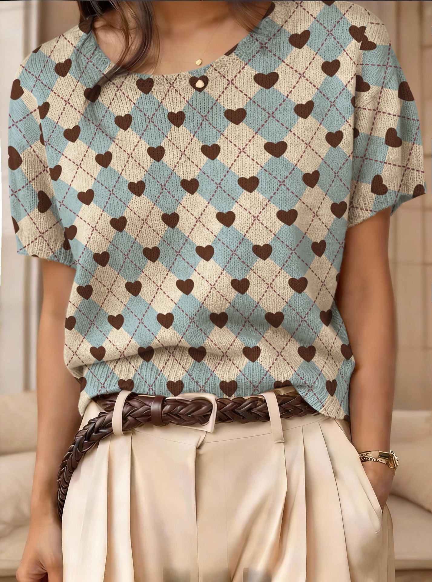 Women's Retro Short-Sleeve Jacquard Knit Top