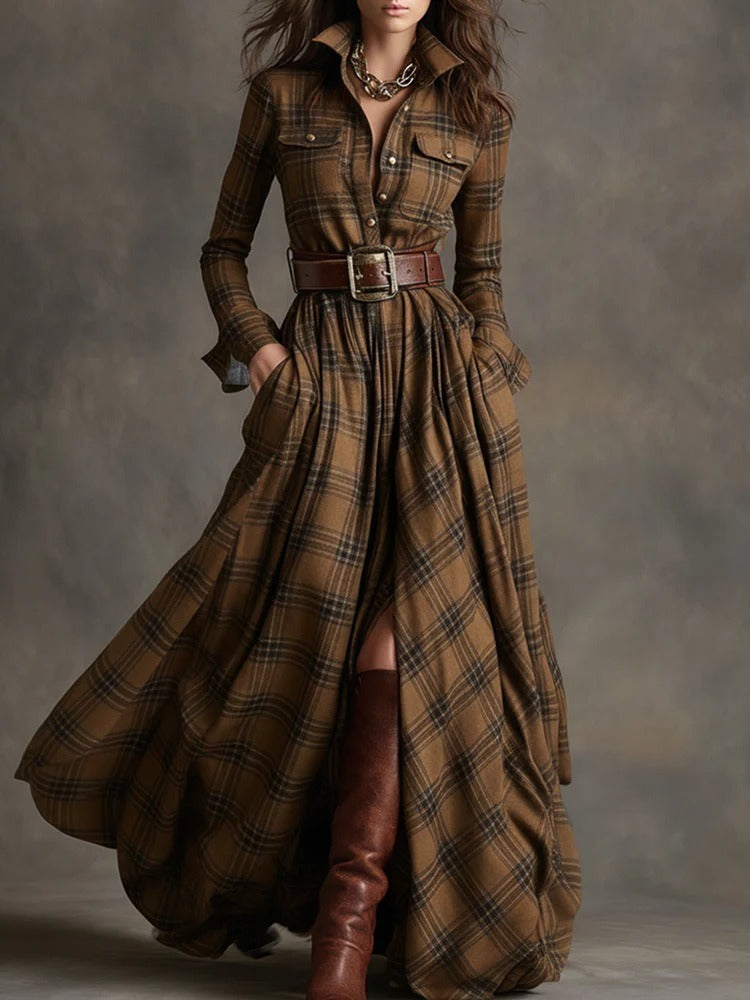 Women's Plus Size Plaid Print Long Sleeve Shirt Dress with Pockets