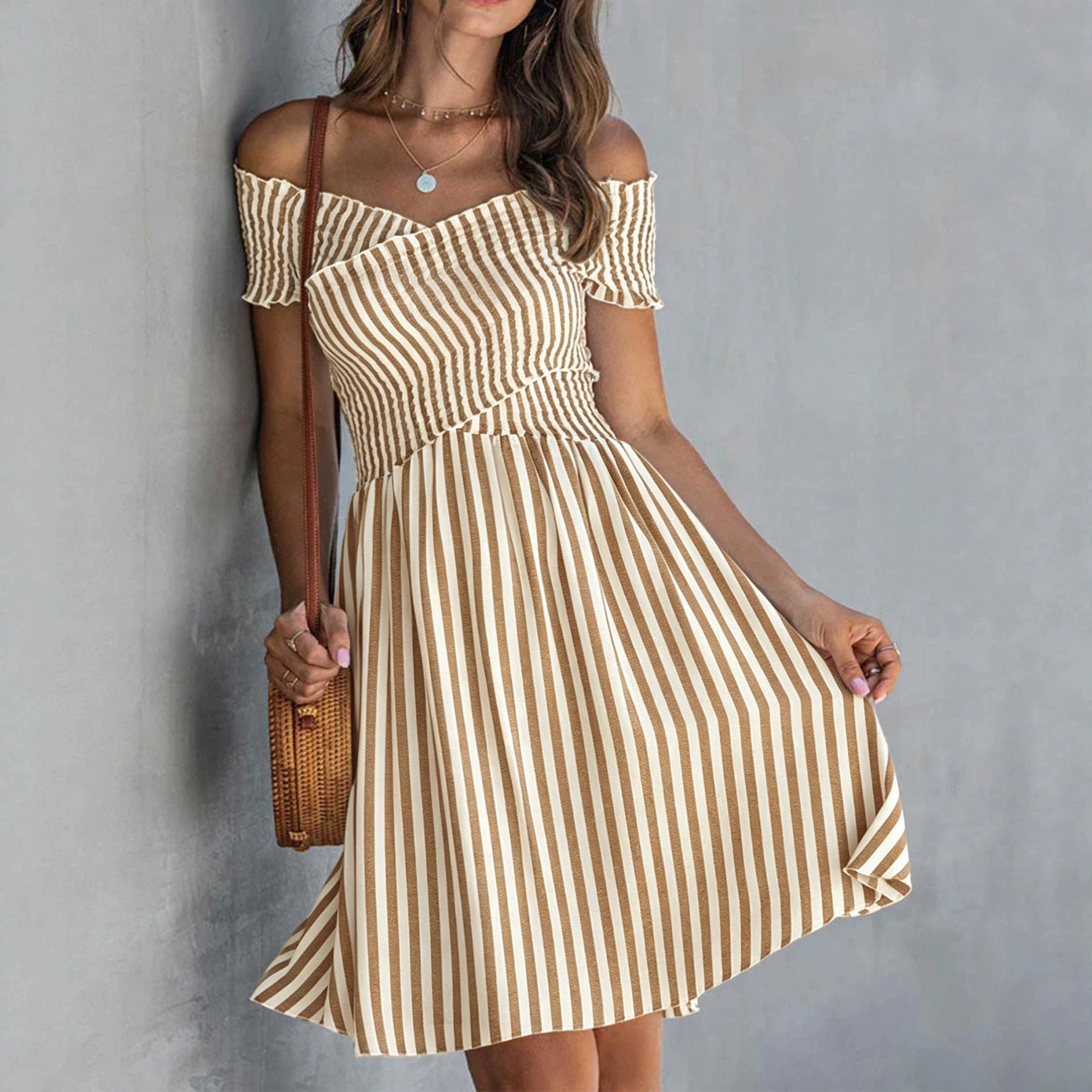 Women's Off-Shoulder Striped Waist-Cinching Midi Dress