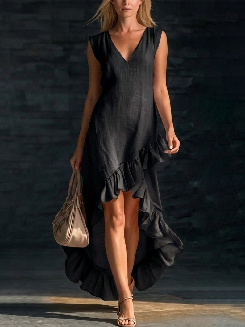Sleeveless V-Neck Ruffle Hem Maxi Dress – Women's Cotton Linen