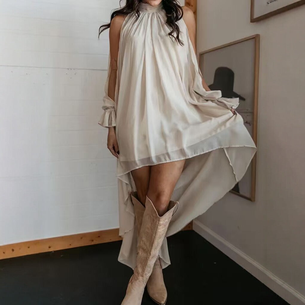 High Neck Asymmetric Maxi Chiffon Dress – Loose Fit Long Sleeve