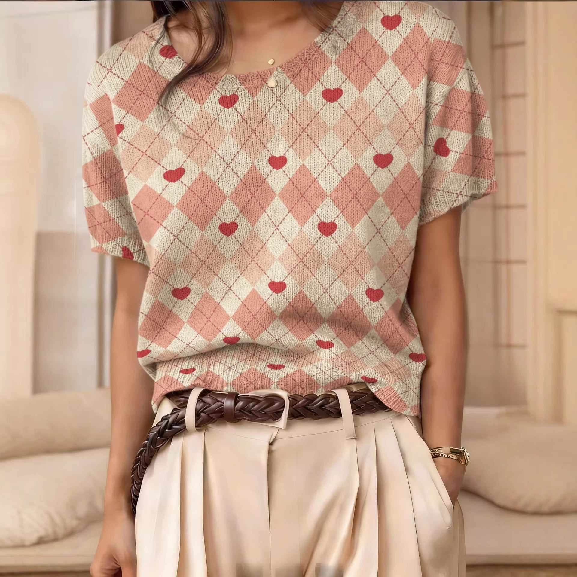Women's Retro Short-Sleeve Jacquard Knit Top
