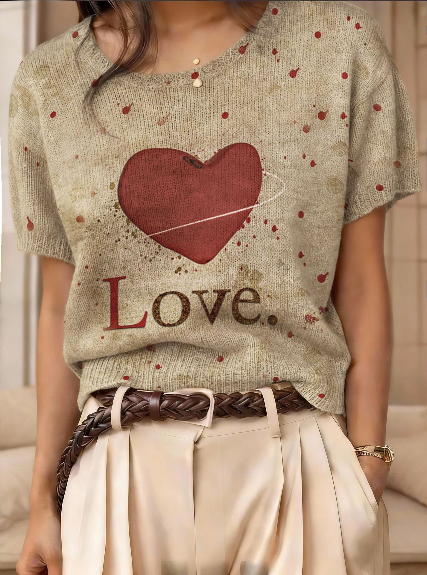 Women's Retro Short-Sleeve Jacquard Knit Top