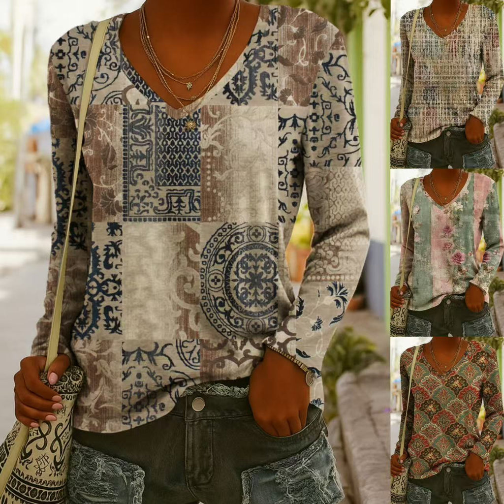 Women's Ethnic Print V-Neck Long-Sleeve Pullover Top