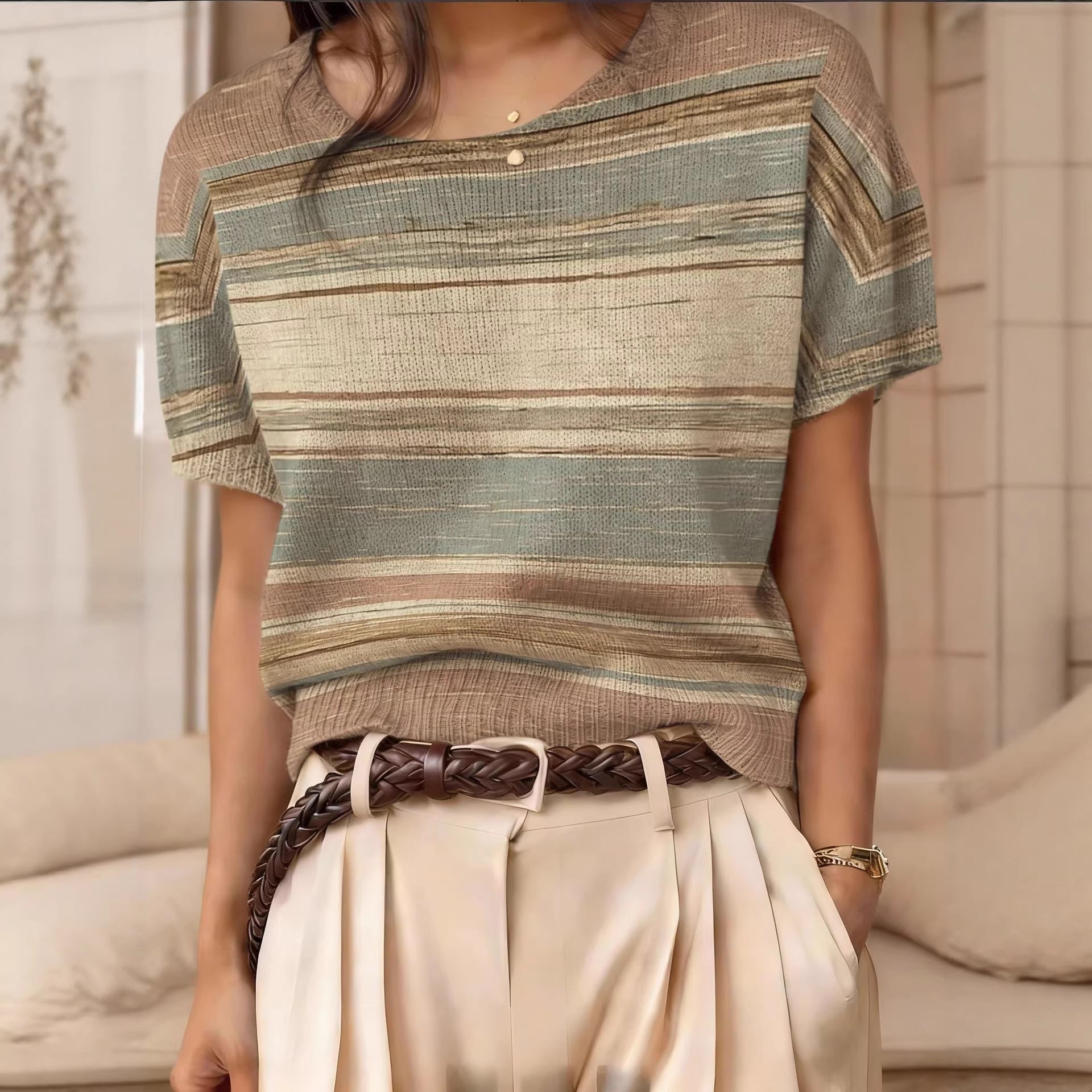 Women's Retro Short-Sleeve Jacquard Knit Top