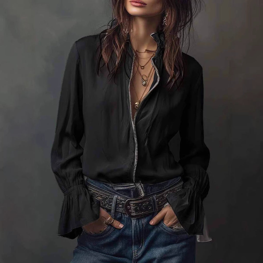 Women's Ruffled Sleeve Resort Shirt – Stretch Casual Long Blouse