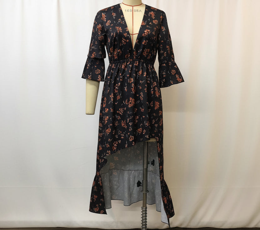 Women's Floral Printed Denim Patchwork Midi Dress — A-Line Half Sleeve
