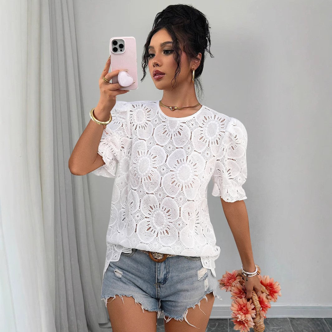 Women's Hollow-Out Lace Puff-Sleeve Shirt Top – Loose Fit