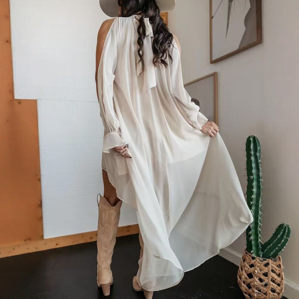 High Neck Asymmetric Maxi Chiffon Dress – Loose Fit Long Sleeve