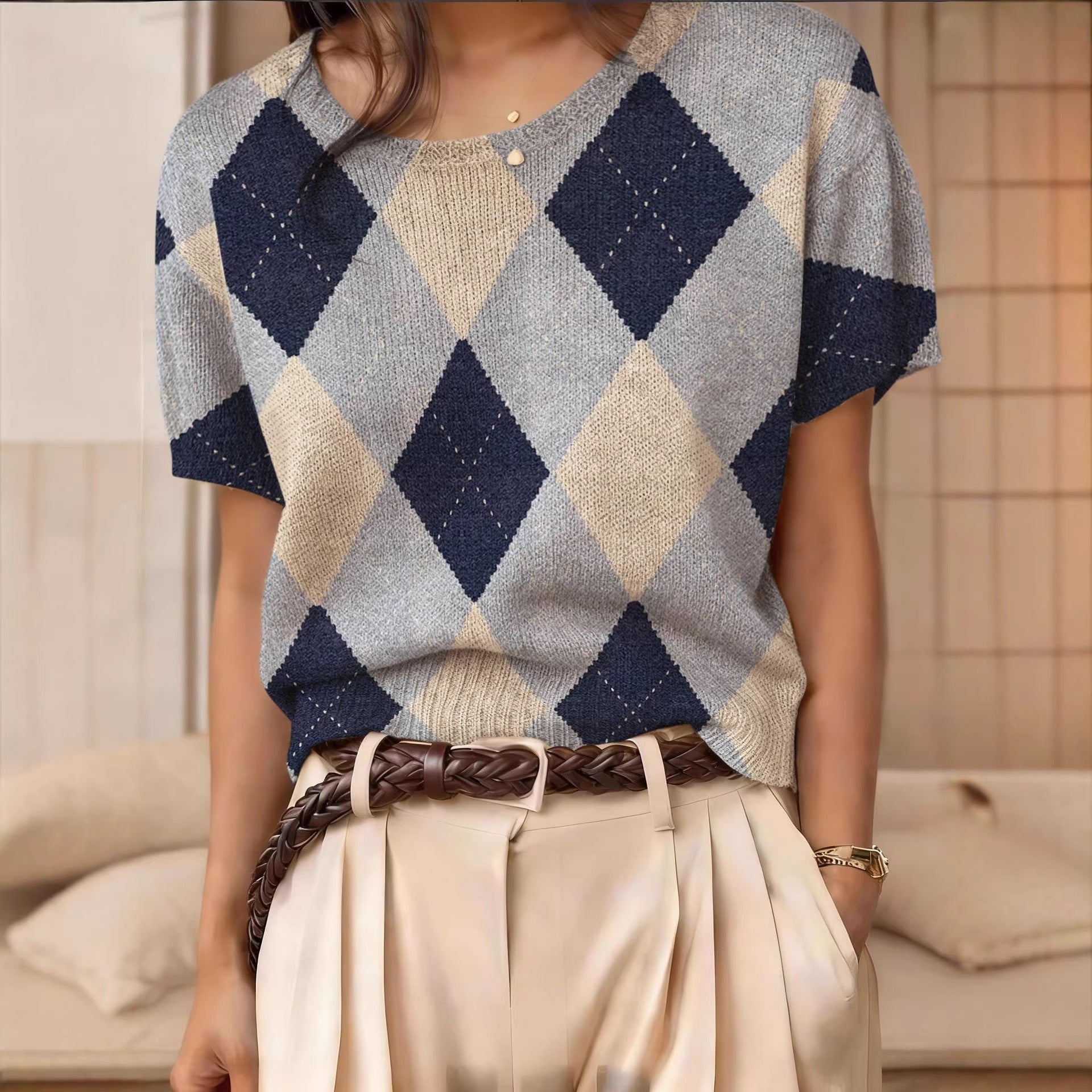 Women's Retro Short-Sleeve Jacquard Knit Top