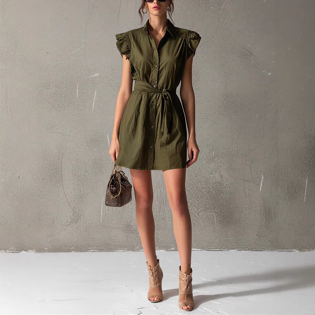 Women's Drop-Shoulder Polo Neck Lace-Up Mini Dress – Slim Fit