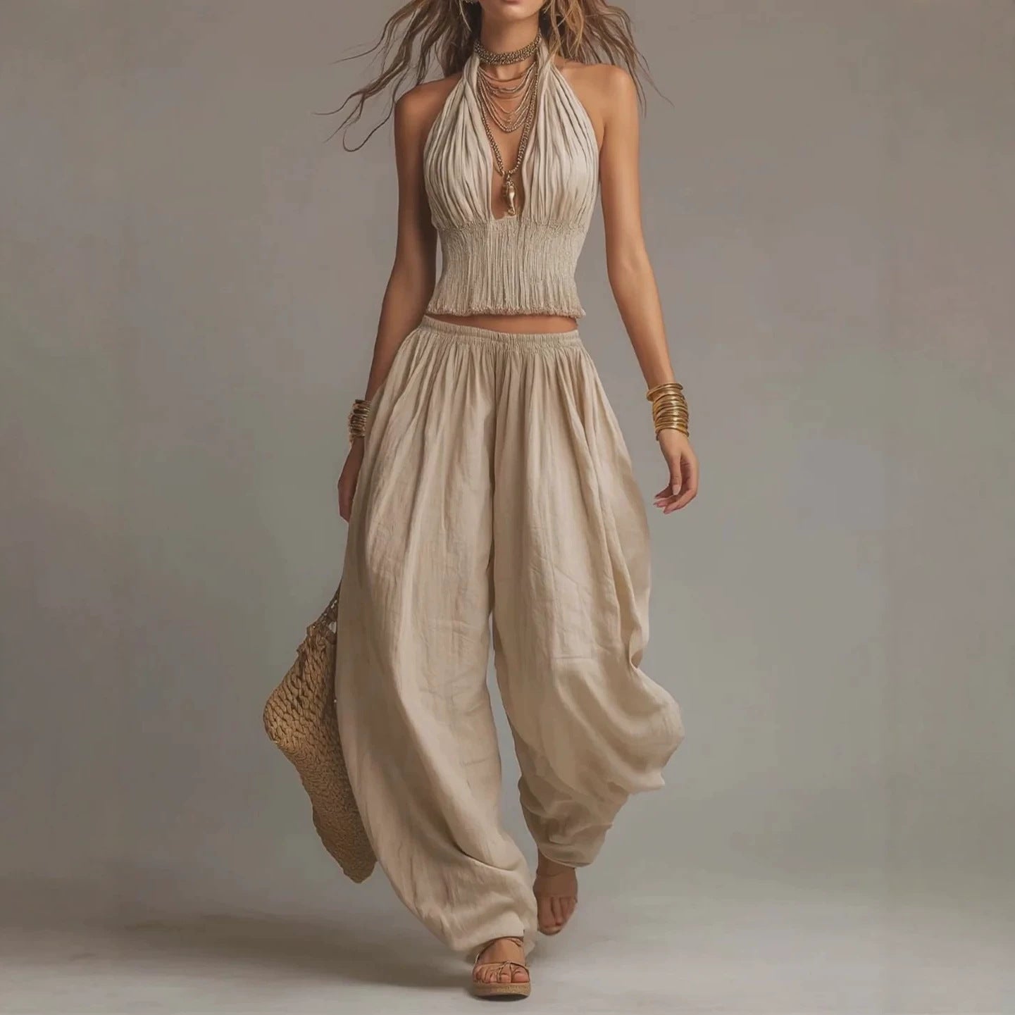 Women's Sleeveless Backless Halter Top & Wide-Leg Pants Set