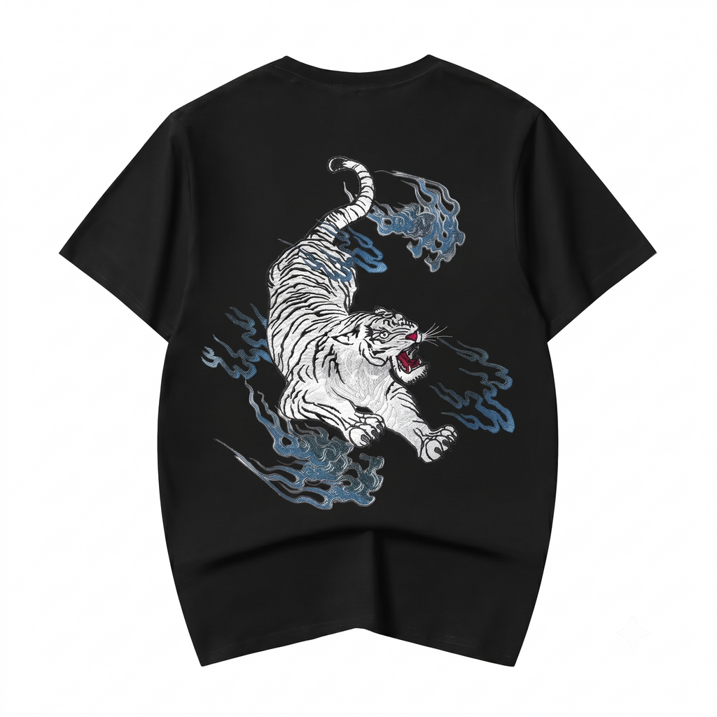 ET9817 Flaming White Tiger Embroidered Tee