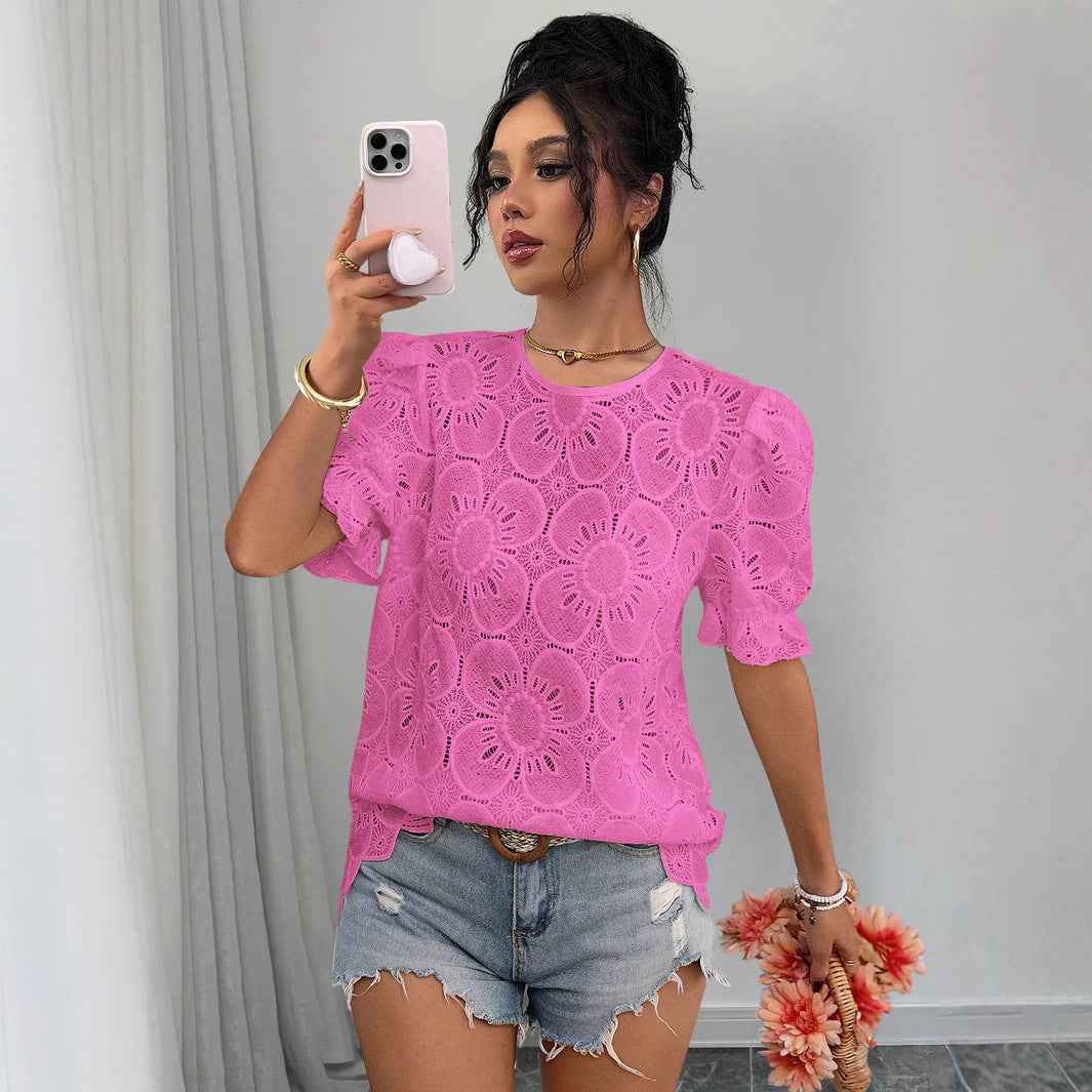 Women's Hollow-Out Lace Puff-Sleeve Shirt Top – Loose Fit