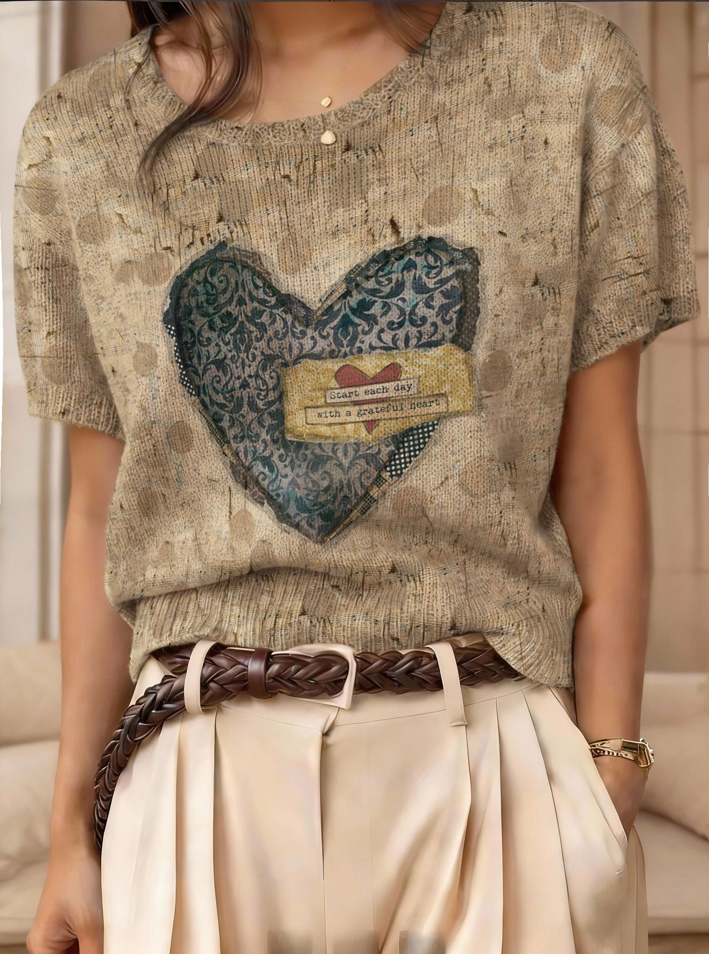 Women's Retro Short-Sleeve Jacquard Knit Top